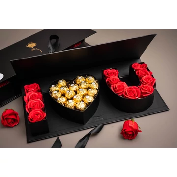 Nagy örökrózsa doboz - I Love U + Ferrero (Szerelmes, Valentin napi Box)