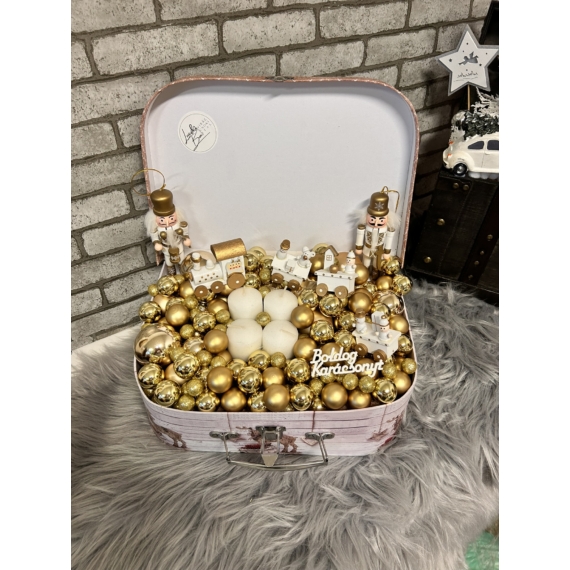 Adventi asztaldísz Box - karácsonyi dekoráció bőröndben - arany