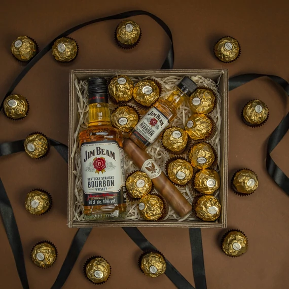 Wood Box: Jim Beam ital + Ferrero Rocher + csoki szivar
